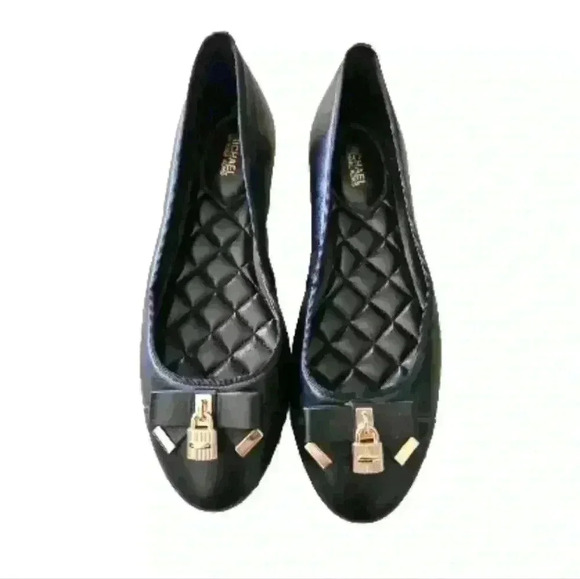 Michael Kors Leather Black Alice Logo Ballet Flat With Gold Lock Detail 9 - Picture 2 of 12